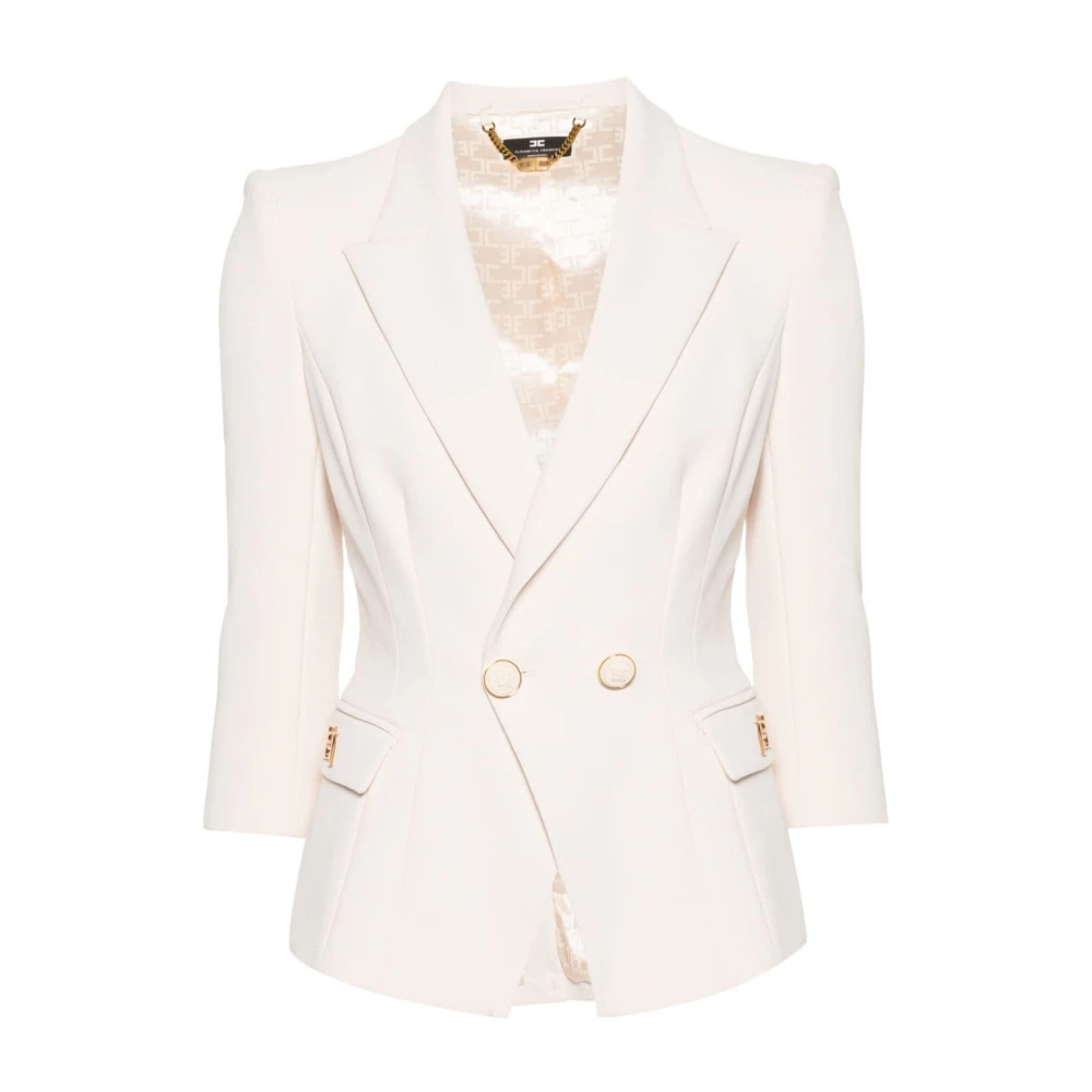 Elisabetta Franchi Dubbelrijige jas van dubbel crepe met voorflapzakken en gouden metalen logoplaquette White Dames