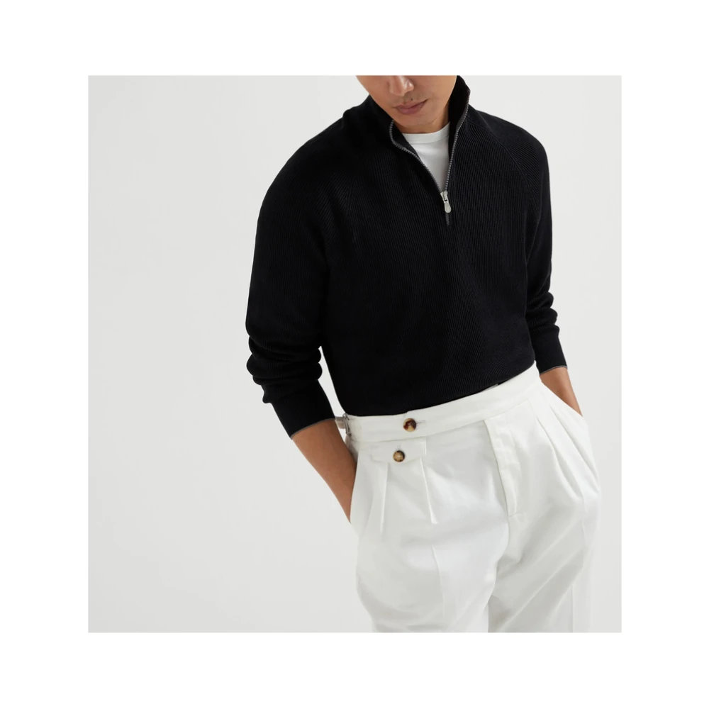 BRUNELLO CUCINELLI Zwarte Rits Hoge Hals Trui Black Heren