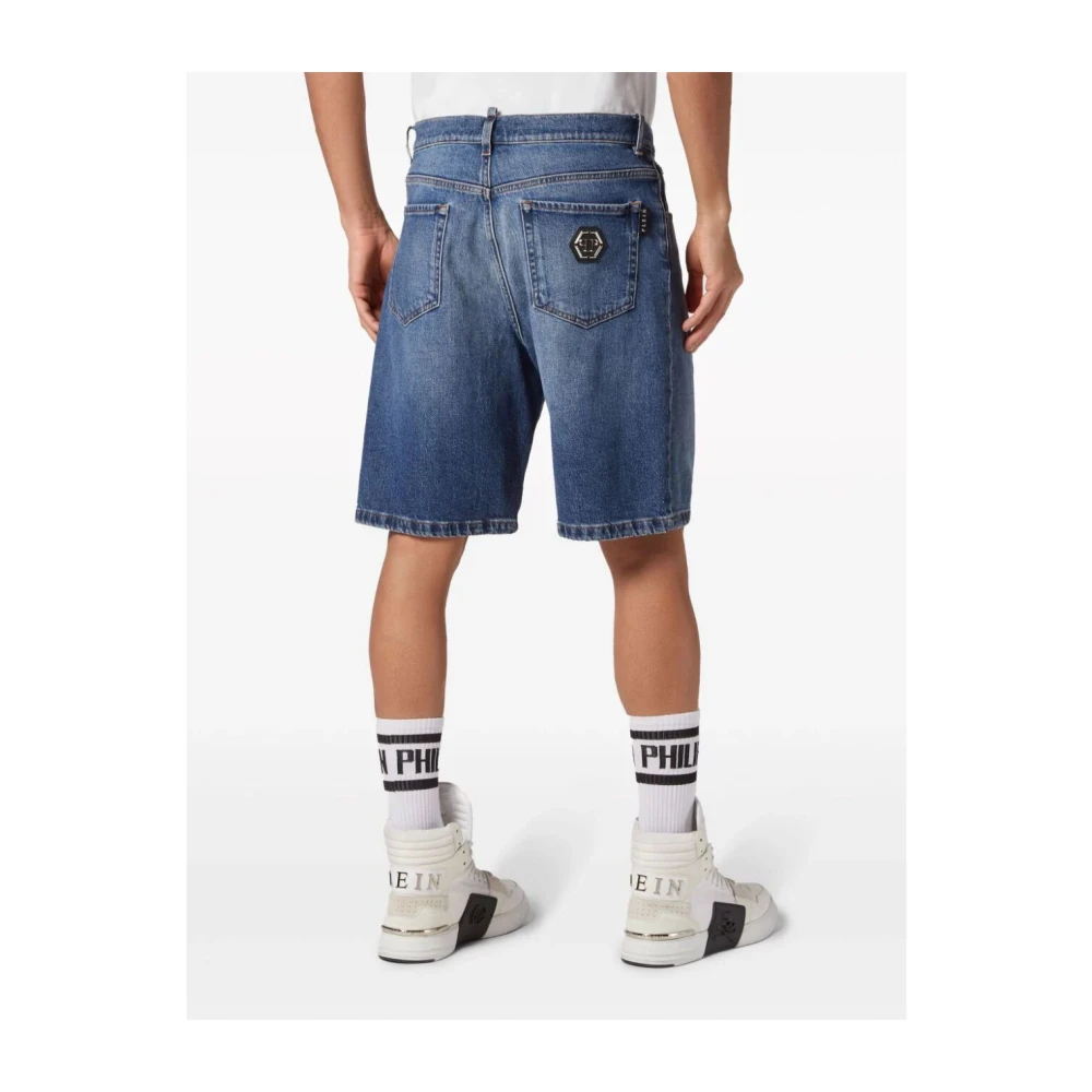 Philipp Plein Blauwe Denim Shorts voor Mannen Blue Heren