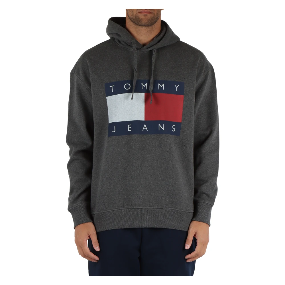 Tommy Jeans Herr Grå Sweatshirts & Hoodies S, Bomull, Bomullshoodie Med Logotyptryck