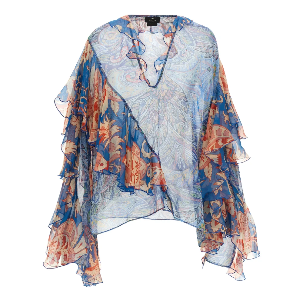 Etro Vrouw Multicolor Overhemden Dames, Veelkleurig, Xs, Chiffon, Zijden Blouse Met Lange Mouwen, Ruches En Bloemmotief