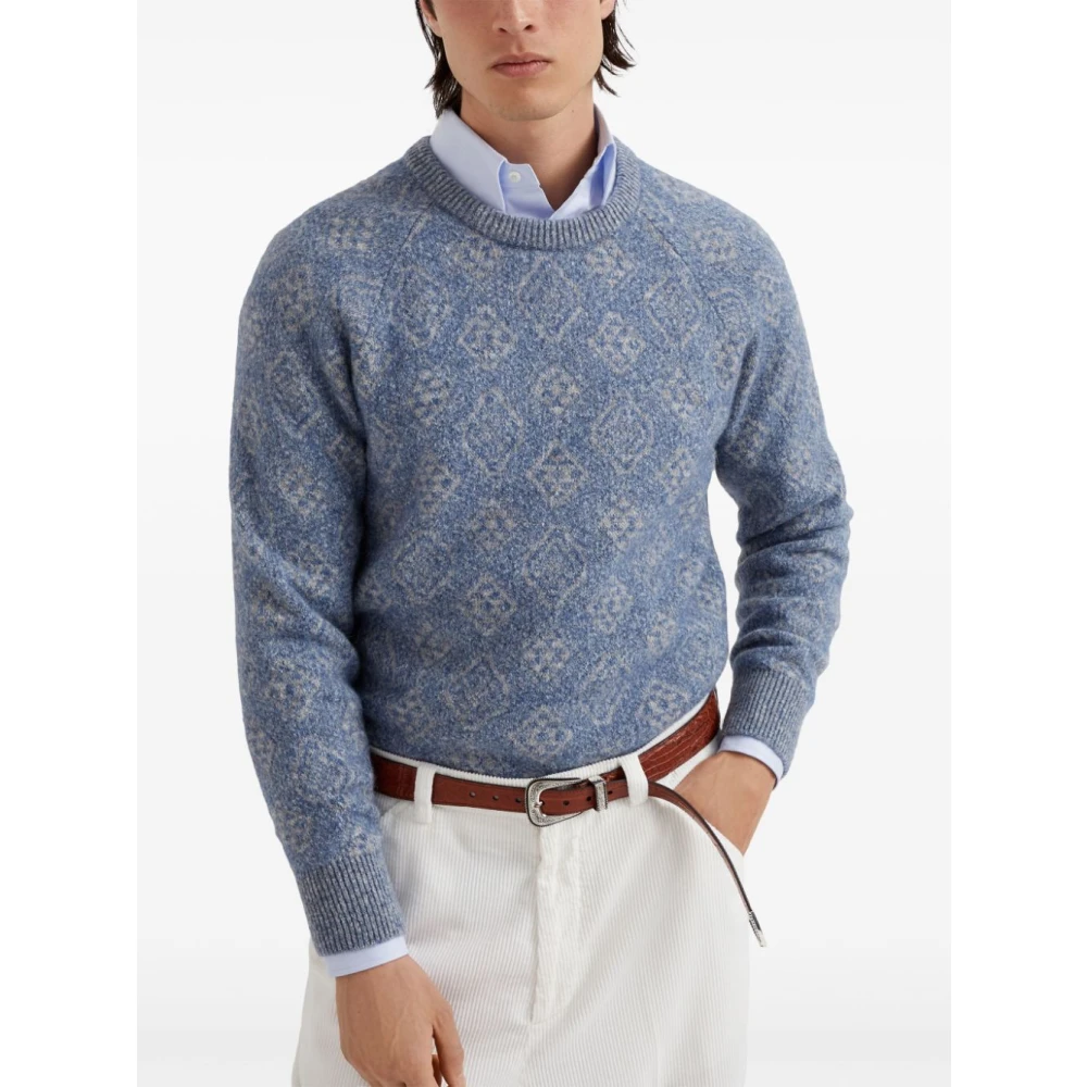BRUNELLO CUCINELLI Blauwe Intarsia Gebreide Trui Blue Heren