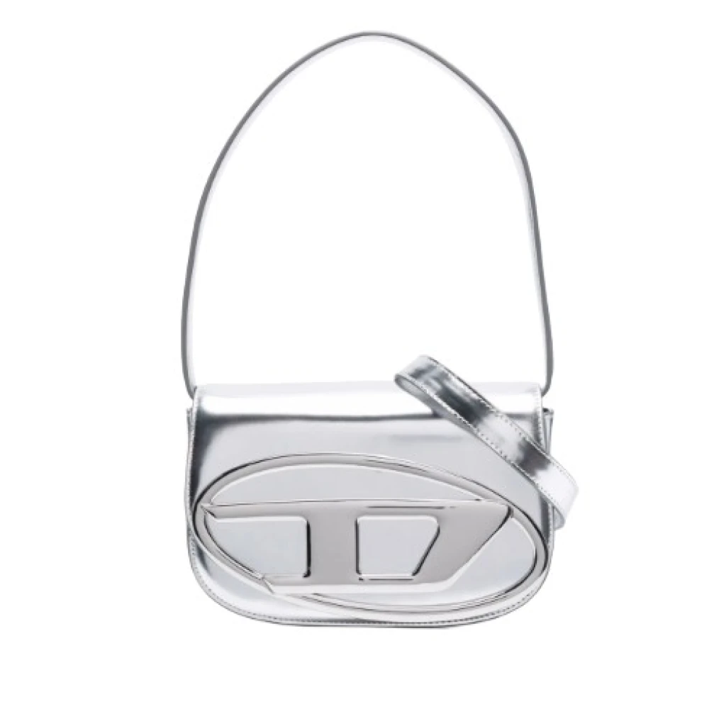 Diesel Metallic Schoudertas met Logo Plaque Gray Dames