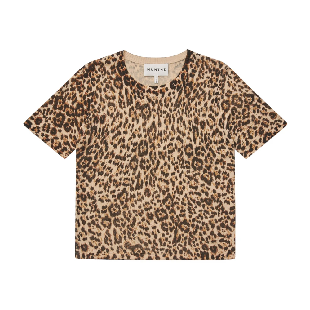 Munthe Women's Brown T-Shirts, S, Leopard Print Short Sleeve Knit