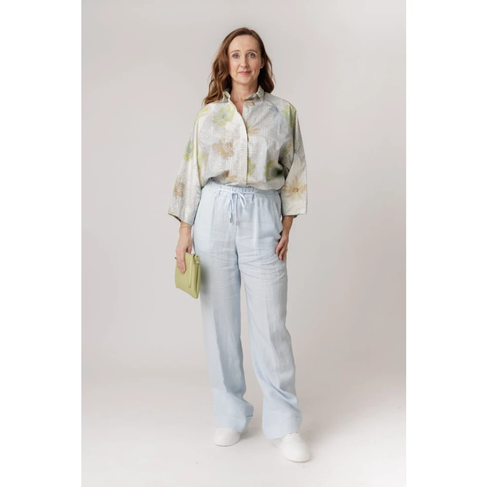 PESERICO Blauwe Hoge Taille Linnen-Look Broek Blue Dames