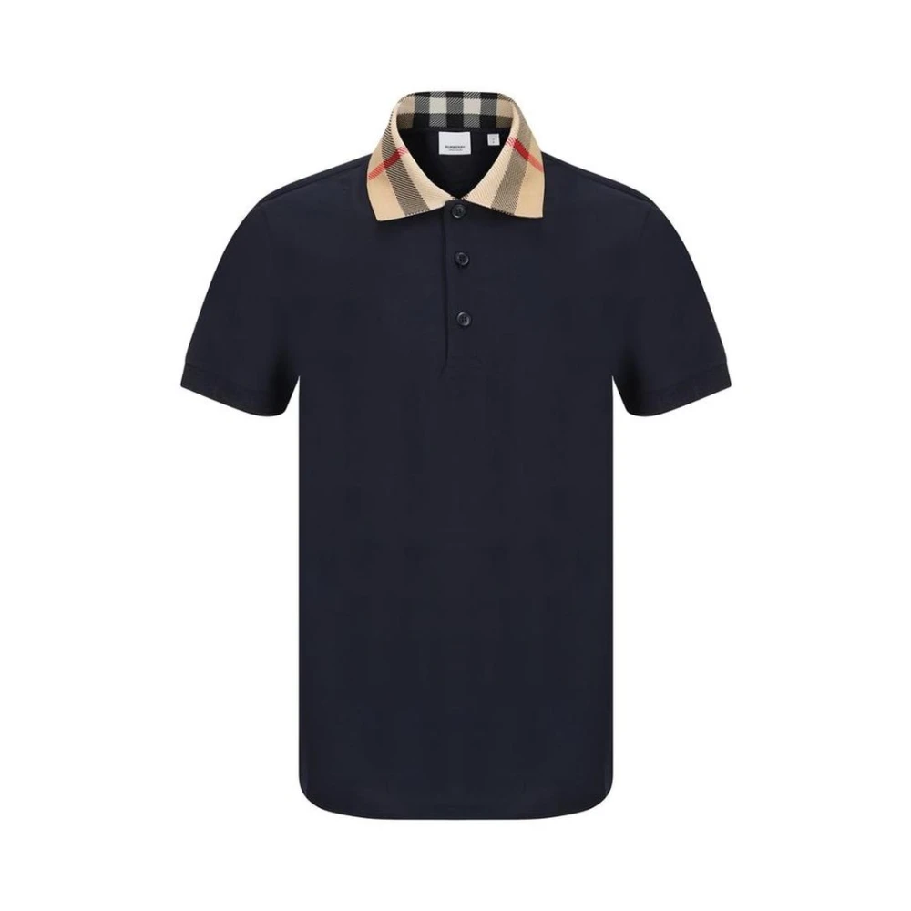 Burberry Men's Blue Check Collar Cotton Polo Shirt
