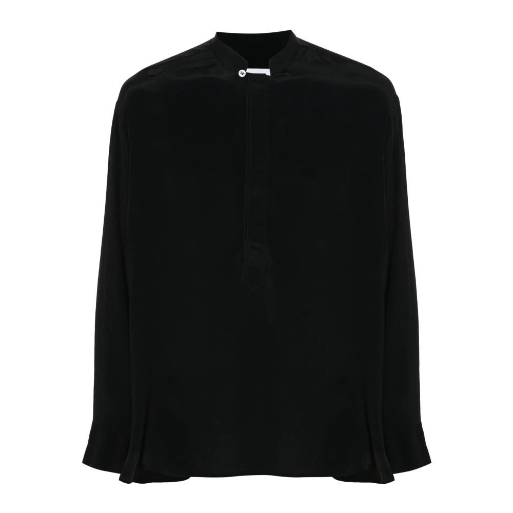 Lardini Zwarte Crêpe Overhemd Mandarin Kraag Lange Mouw Black Heren