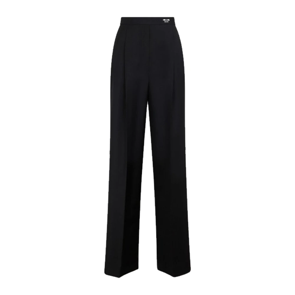 Prada Women's Black Wide Trousers, S, Wide-Leg Wool Trousers With Logo Detail
