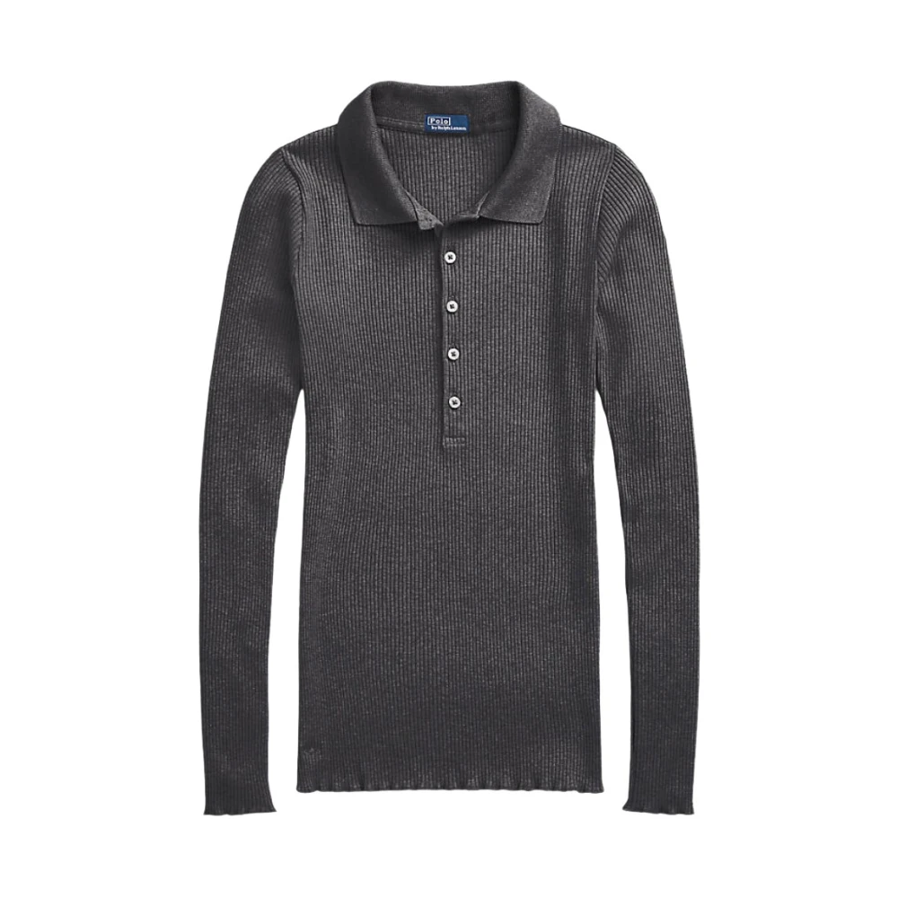 Polo Ralph Lauren Grijze Lange Mouw Geribbelde Polo Shirt Gray Dames