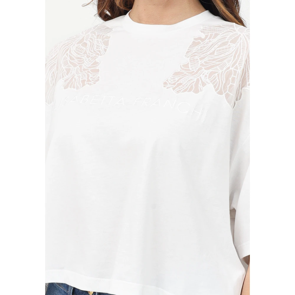 Elisabetta Franchi Moderne Cropped T-shirt met Bloemenkant White Dames