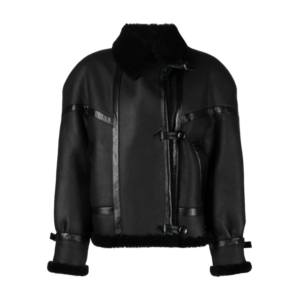 Saint Laurent Shearling-gevoerde leren pilotenjas Black Dames