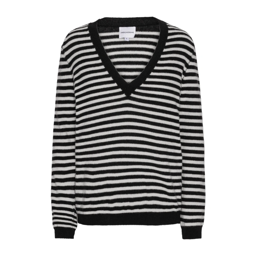 American Dreams Gestreepte V-hals Kasjmier Trui Black Dames