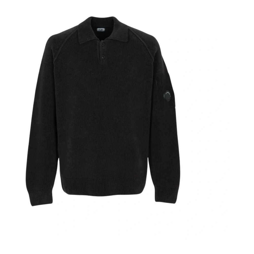 C.p. Company Chenille Cotton Polo Knit Jumper - Male - V-Neck Knitwear - Black - L - Knitwear