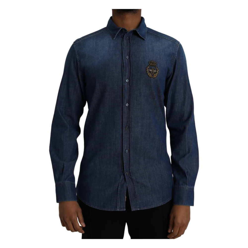 Dolce & Gabbana Blauw Kroon Bij Denim Shirt Blue Heren