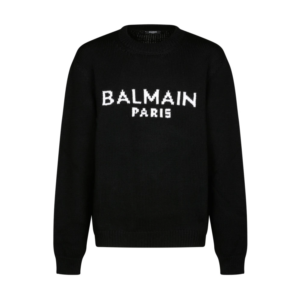 Balmain Zwarte Gebreide Trui met Logoprint Black Heren