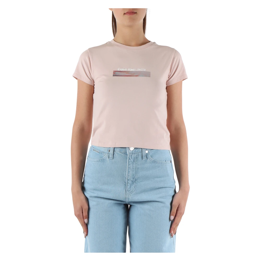 Calvin Klein Jeans Logo Print Cropped Stretch Cotton T-shirt Pink Dames