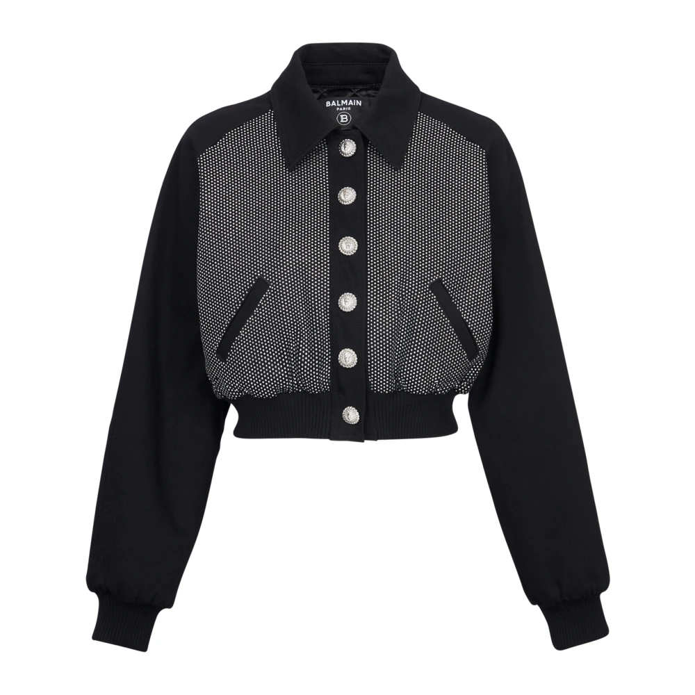 Balmain Denim Blouson Jack met Strass Steentjes Black Dames