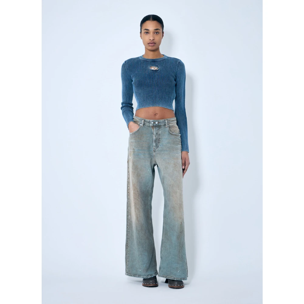 Diesel Rib Top met Logo Plaque Blue Dames