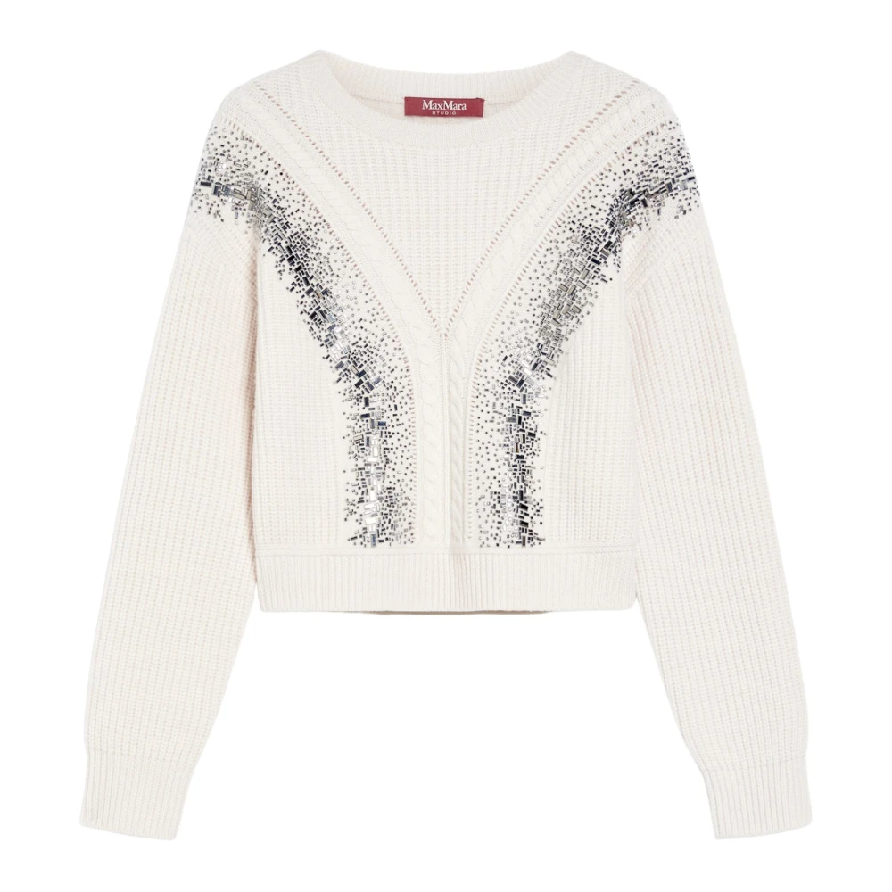 Max Mara Studio Beige Wol Cropped Sweater met Spiegelborduurwerk Beige Dames