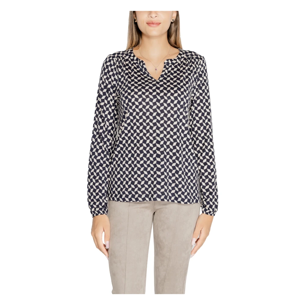 Street One Blauwe Geometrische Mandarin Kraag T-Shirt Blue Dames