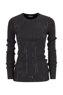 Sequin Embellished Ribbed Long Sleeve Top