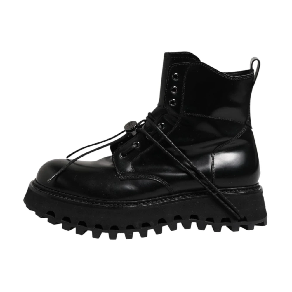 Dolce & Gabbana Mannelijk Zwart Schoenen Heren, 44 Eu, Leer, Enkellaarzen Met Logo En Vetersluiting