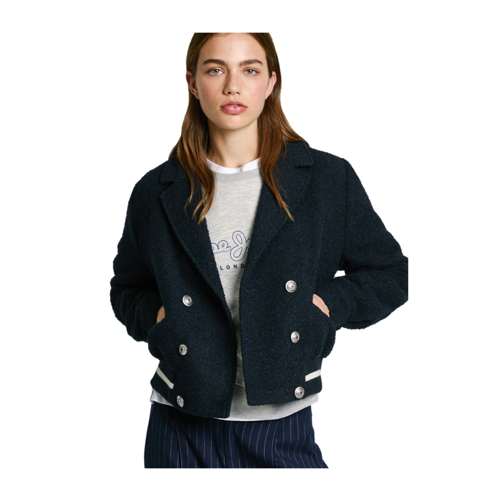 Pepe Jeans Blauwe Wol Cropped Jas met Dubbele Knoopsluiting Blue Dames