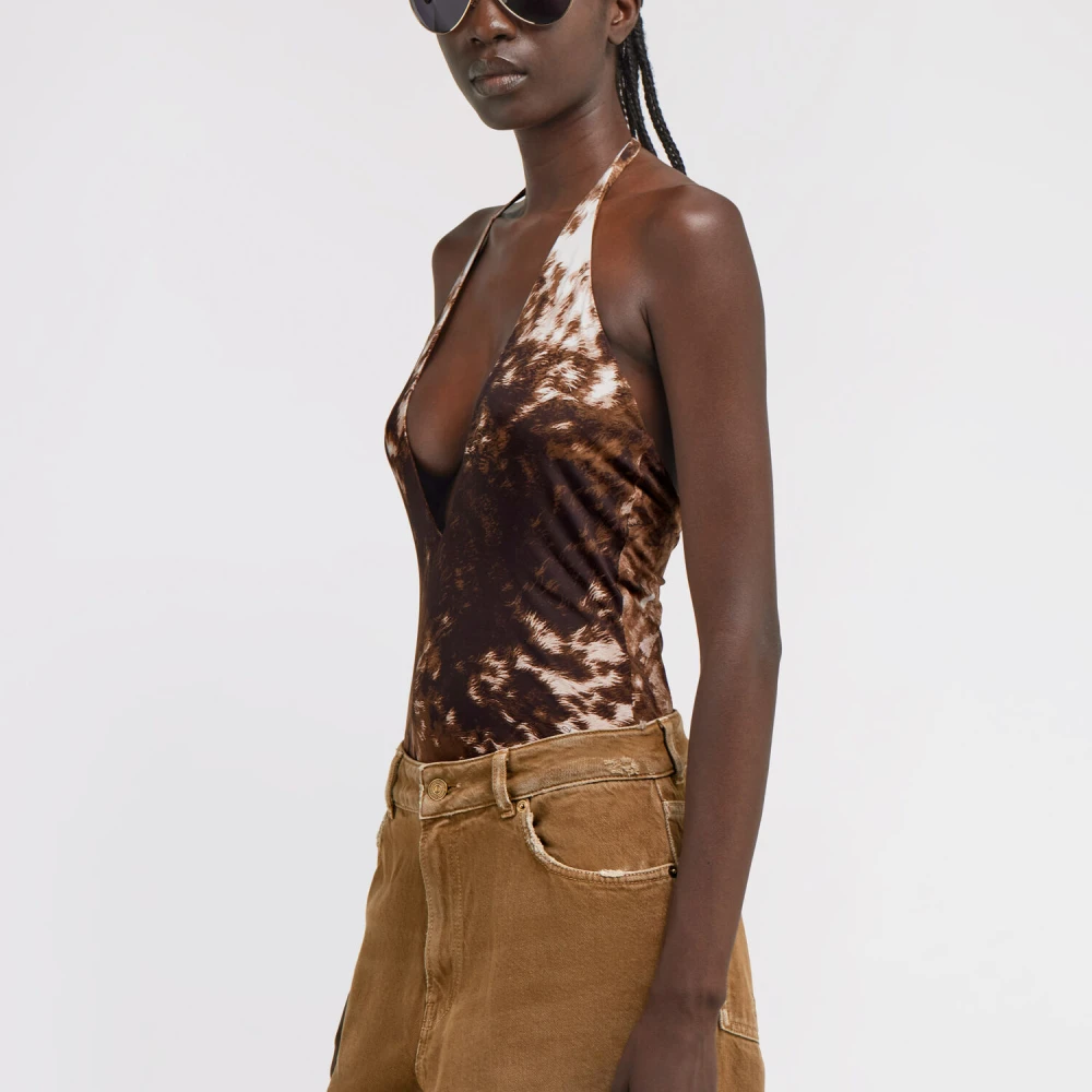 Roberto Cavalli Appaloosa Print Halter Neck Bodysuit Brown Dames