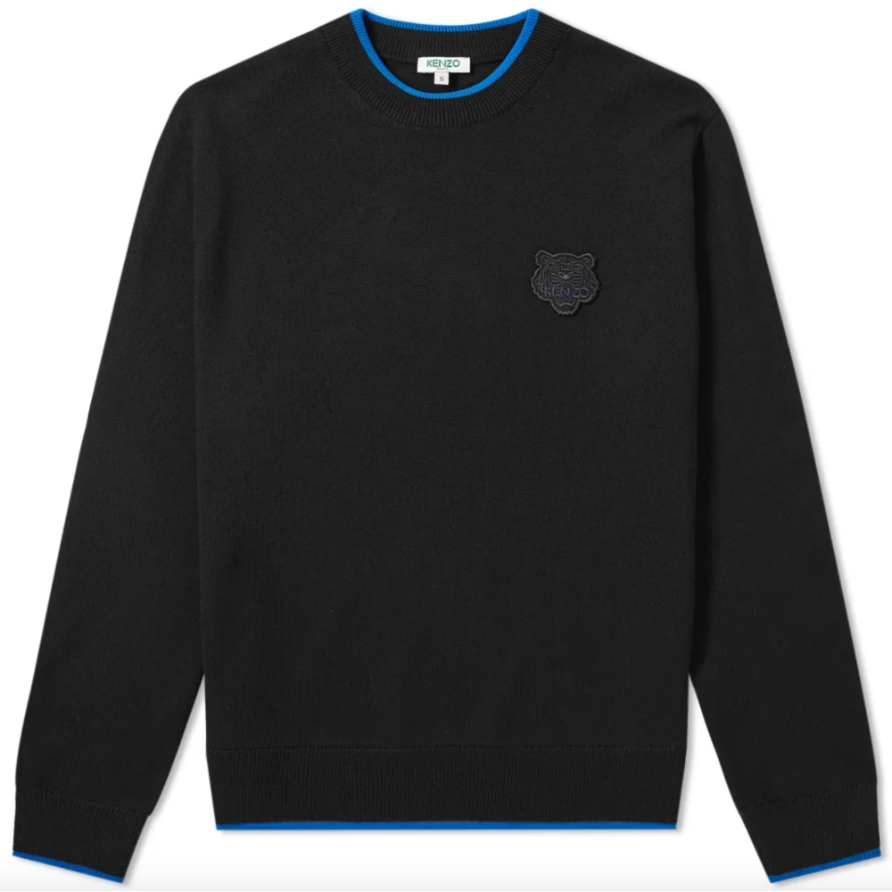 Kenzo Zwarte Katoenen Trui met Blauwe Randen en Iconisch Logo Black Heren