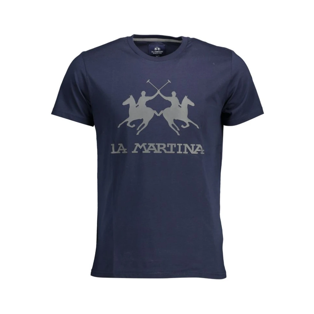 LA MARTINA Blauw Katoenen T-Shirt Korte Mouw Regular Fit Ronde Hals Print Logo Blue Heren