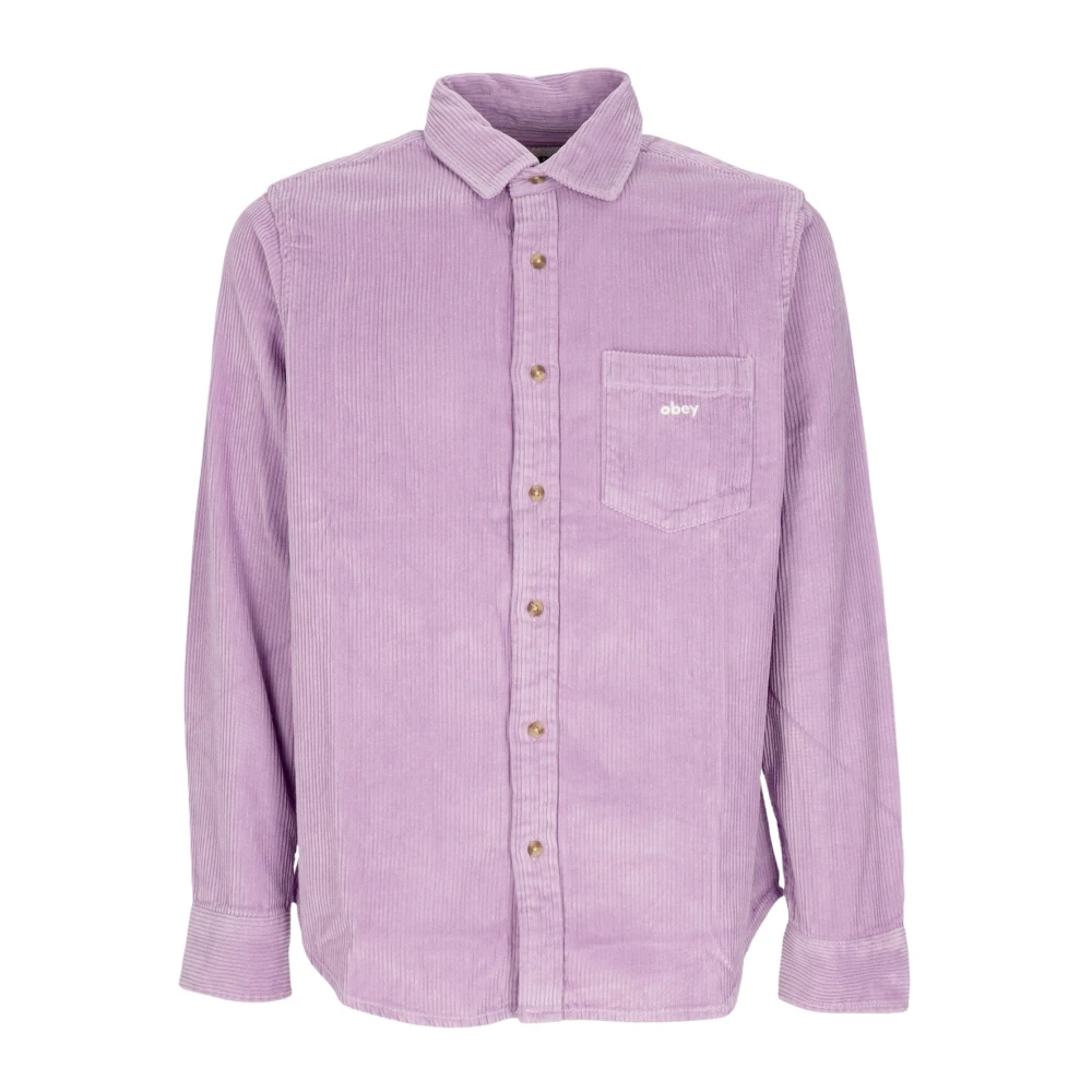 Obey Fluwelen Overhemd Lange Mouwen Paars Roos Purple Heren