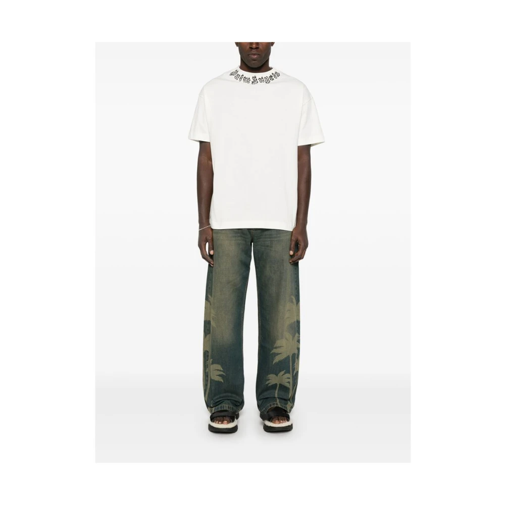 Palm Angels Wit Logo Print Crew Neck T-shirt White Heren