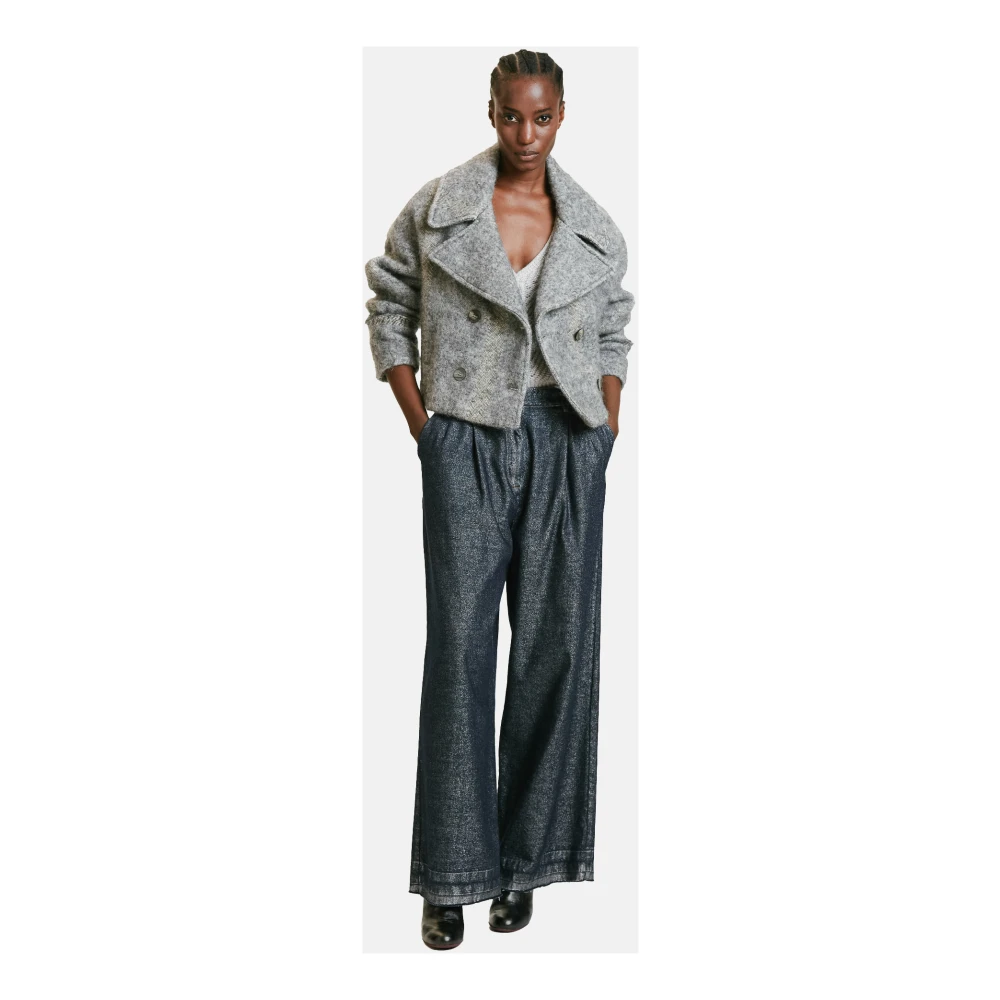 Momoni Gestreepte wol en alpaca dubbelrijige cropped jas Gray Dames