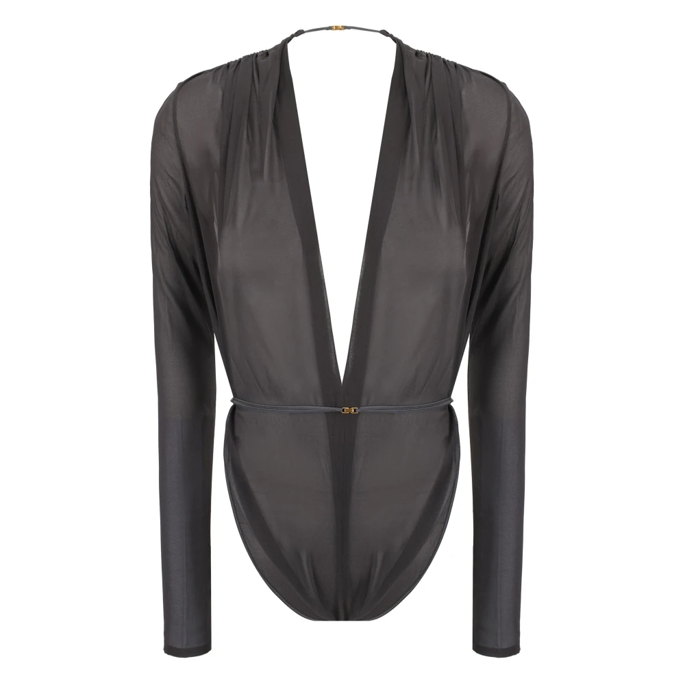 Saint Laurent Zwarte bodysuit met V-hals en transparantie Black Dames