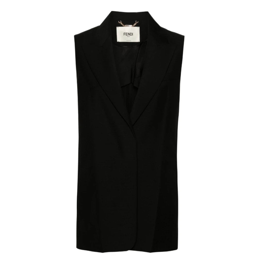 Fendi Zwart Wollen Blend Vest met Peak Revers Black Dames