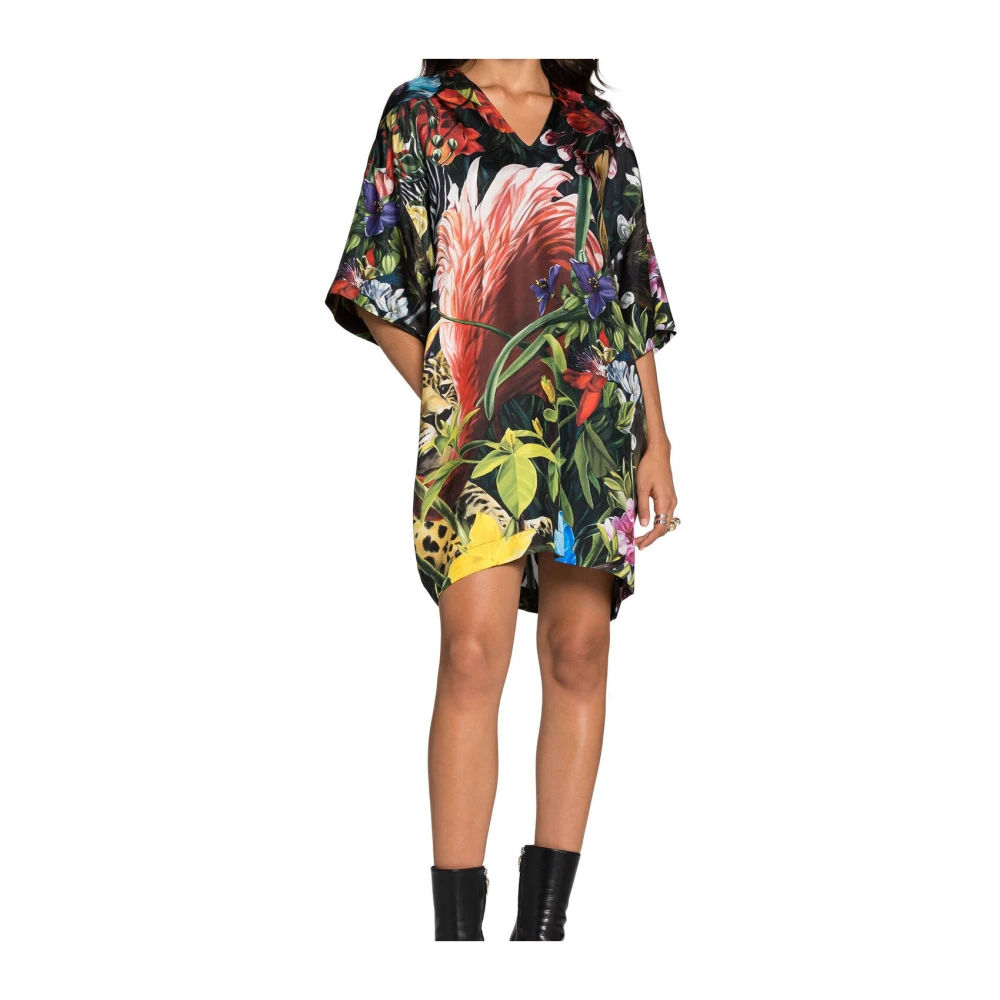 Roberto Cavalli Zijden jurk met bloemen- en luipaardprint Multicolor Dames