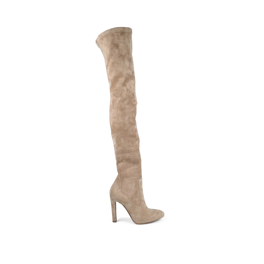 Ralph Lauren Italienska Over-Knee Stövlar, Mandelformad Tå, 10cm Klack Beige, Dam
