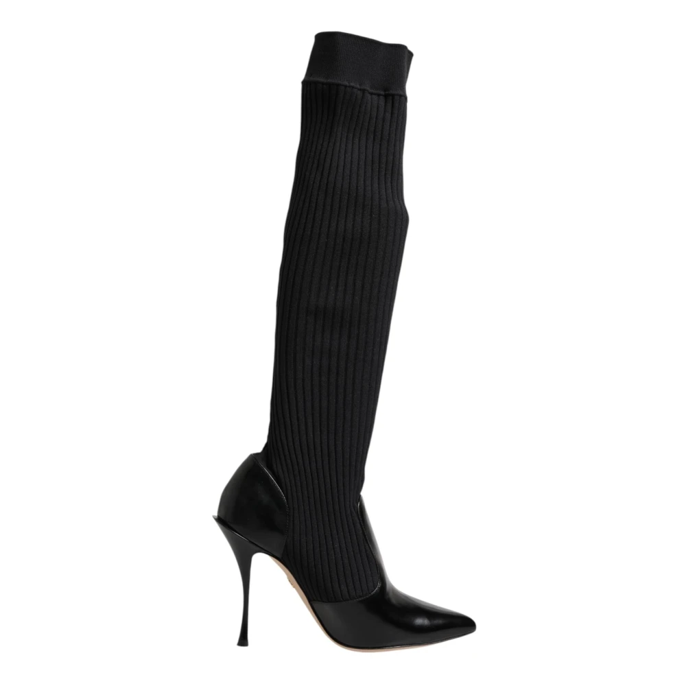 Dolce & Gabbana Women's Black Over-The-Knee Boots, 5 Uk, Leather Ribbed Knit Boots