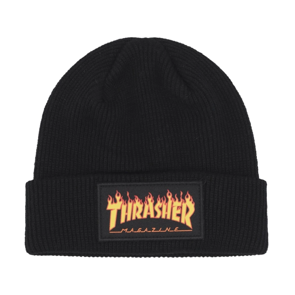 Thrasher Men's Black Accessories, One Size, Flame Patch Beanie Hat In