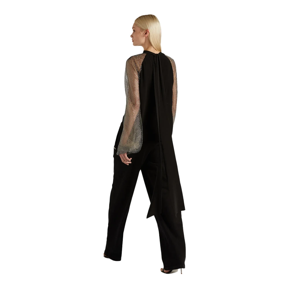 Genny Elegante top met wijde mouwen van mesh met strass Black Dames