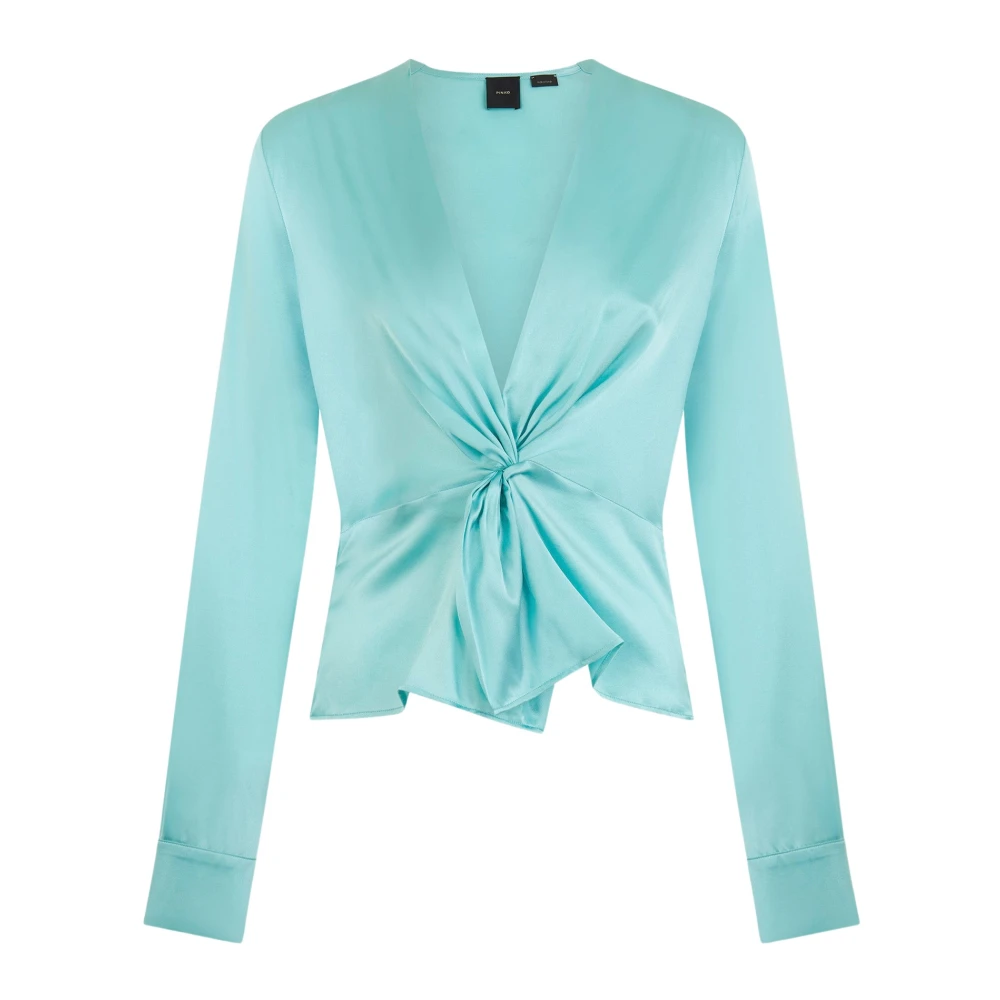 Pinko Green Blouses, Female, L, Blue Long Sleeve Blouse With Front Knot