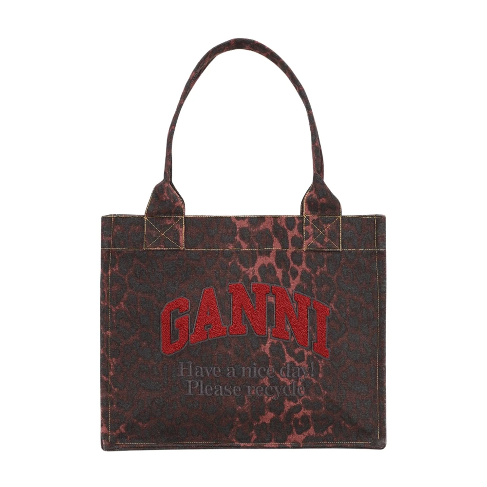 Ganni Röd Leopard Canvas Shopper Väska Multicolor, Dam