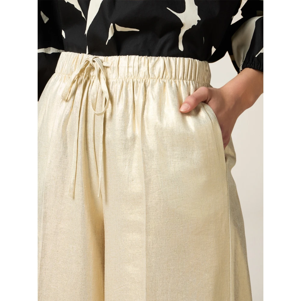 Oltre Gouden Print Linnenmix Wijde Pijpen Broek Yellow Dames