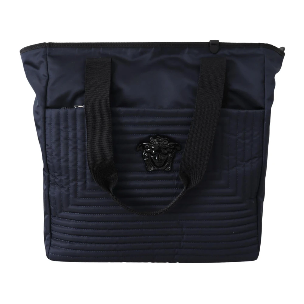 Versace Blå Nylon Toteväska med Läder Blue, Herr