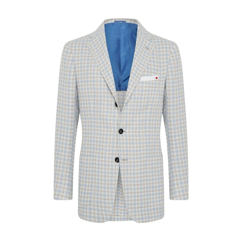 Kiton Micro Check Cashmere Blend Blazer Blue Heren