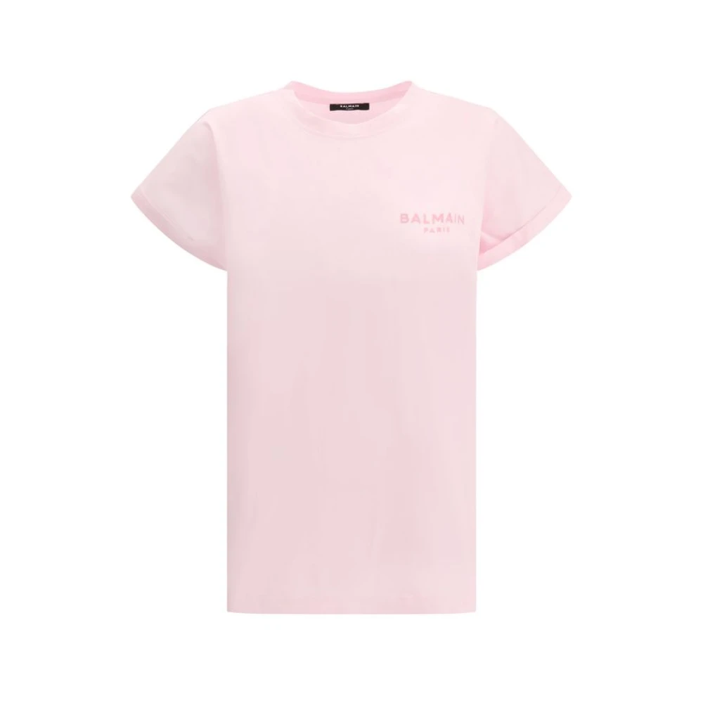 Balmain T-shirt met flock Paris logo Pink Dames