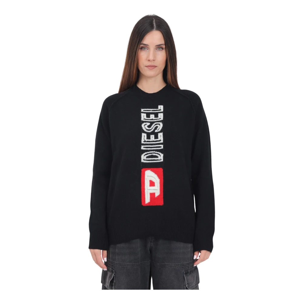 Diesel Zwarte Crew-Neck Sweater met Logo Black Dames