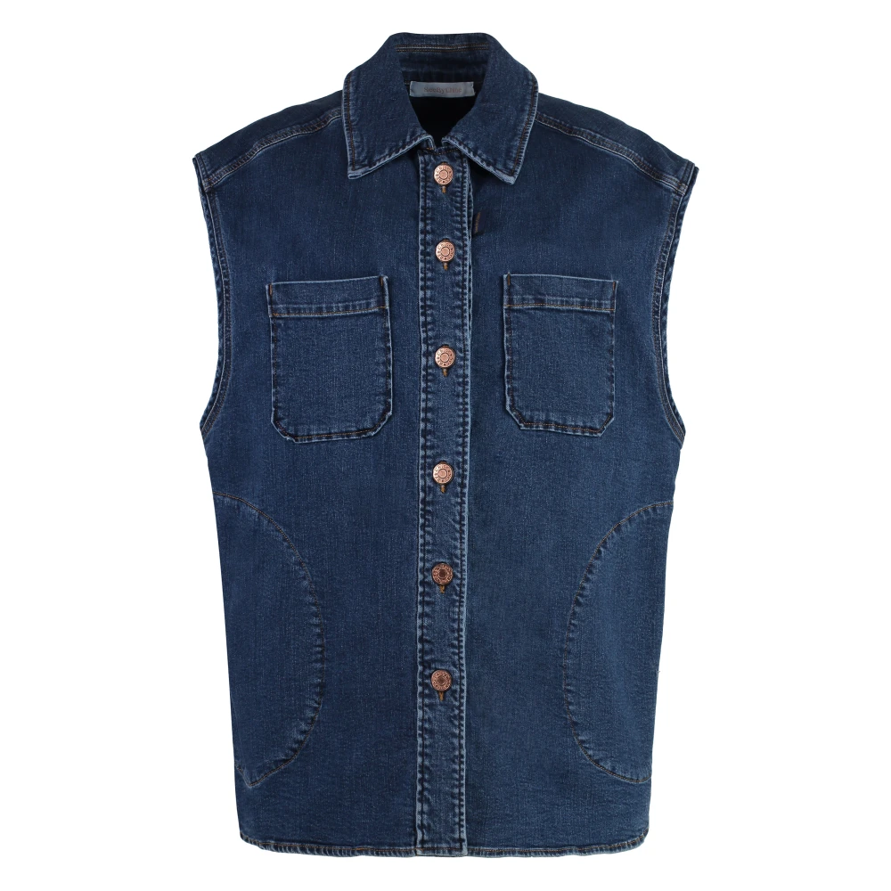 See by Chloé Denim Vest met Leren Details Blue Dames