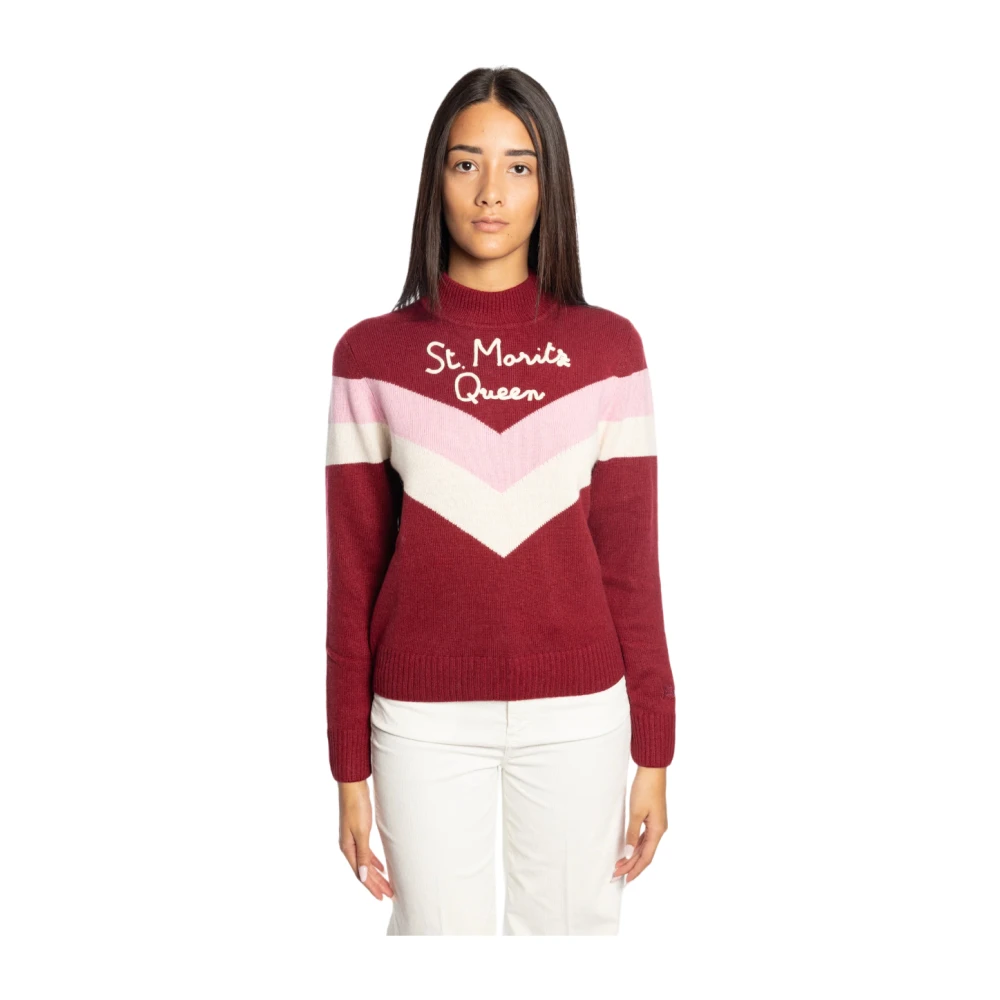 Saint Barth Kasjmier Bordeaux Trui met Witte en Roze Details Red Dames