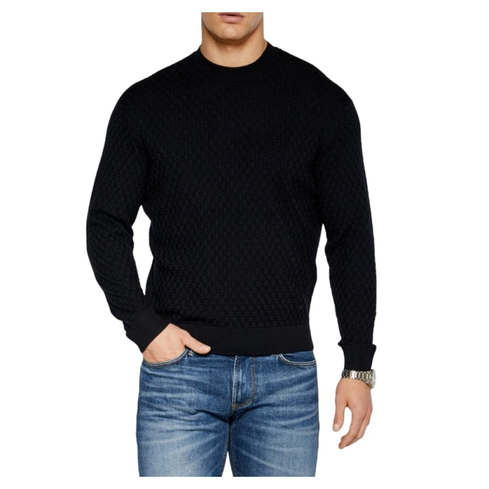 Emporio Armani Blauwe Trui met Geribbelde Ronde Hals Blue Heren